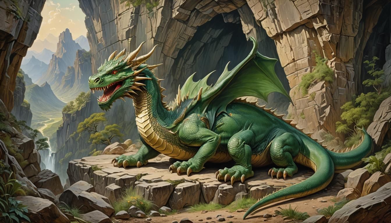 Green Dragon in Cave: 1890s Oil Painting