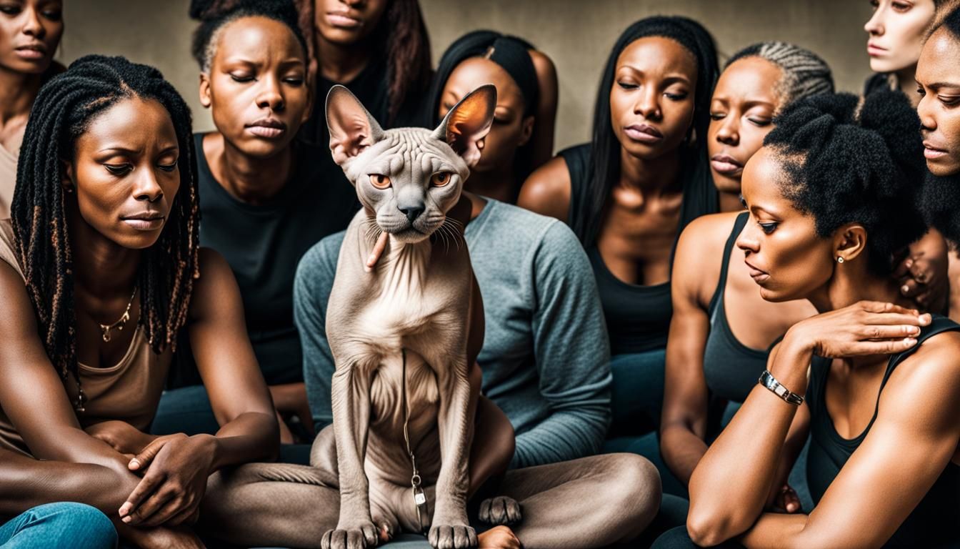 Realistic Photo of People Petting Annoyed Sphynx Cat