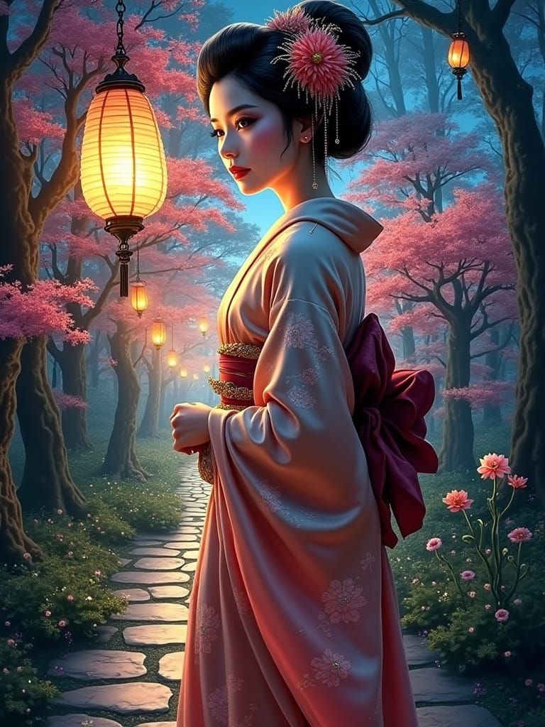 Enchanted Geisha in Soft Focus Oil Painting