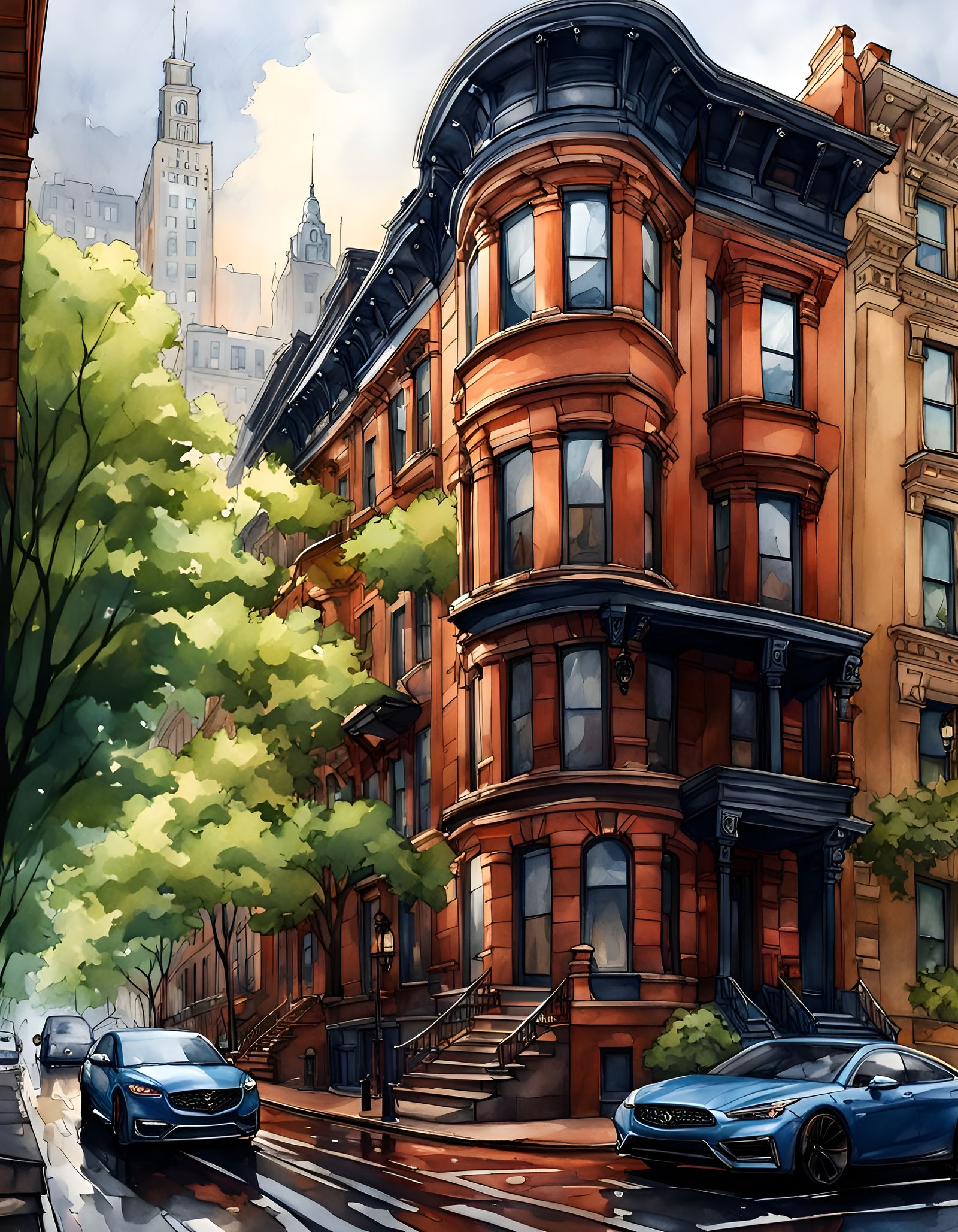 Rainy Cityscape: Historic Buildings in Watercolor Painting