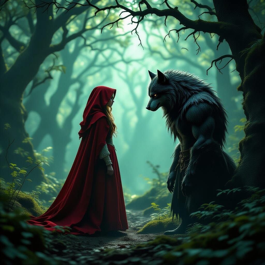Little Red Riding Hood with Werewolf in Misty Forest