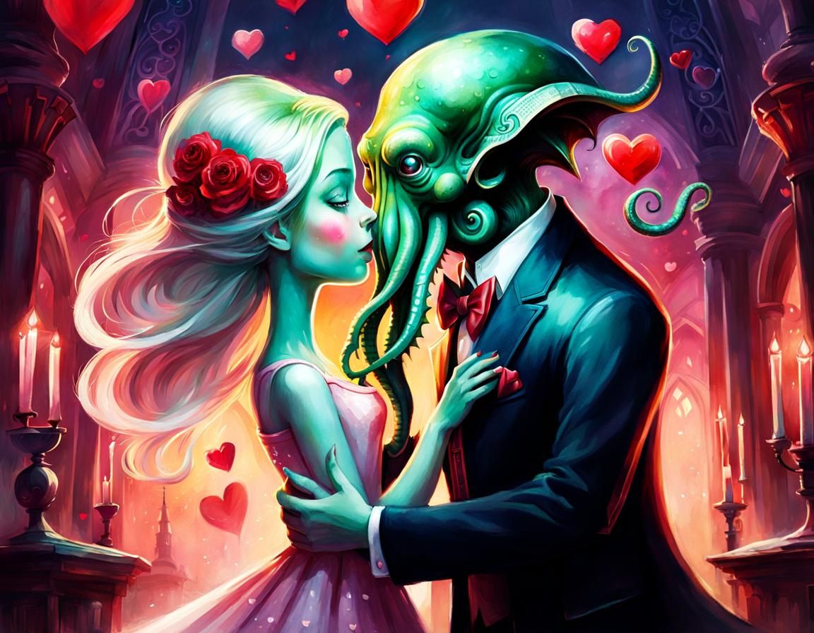 Cthulhu's Valentine's Day: Stylized Watercolor Splash Art