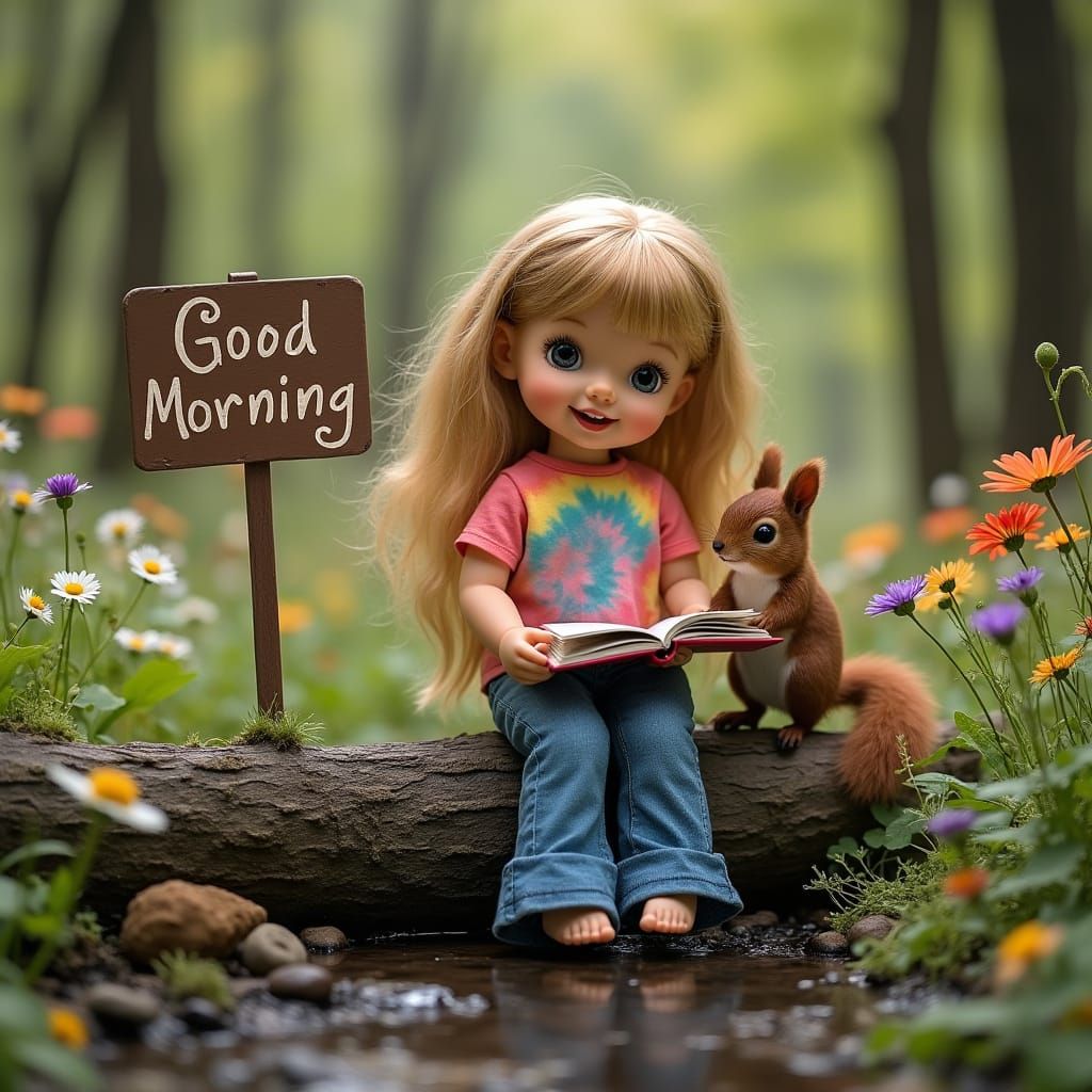 Smiling Doll in Tie-Dye Reads in Forest