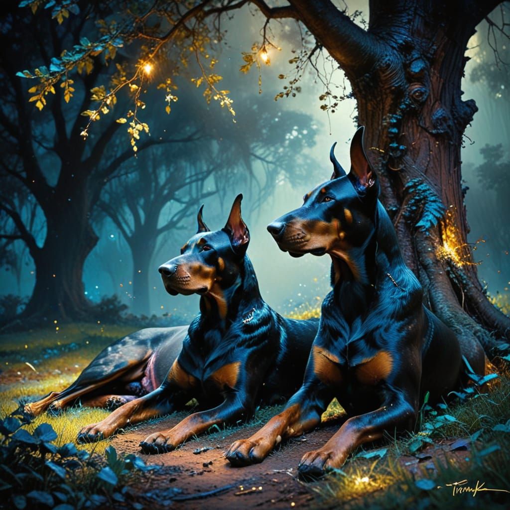 Dobermans Lying Under a Majestic Tree at Night