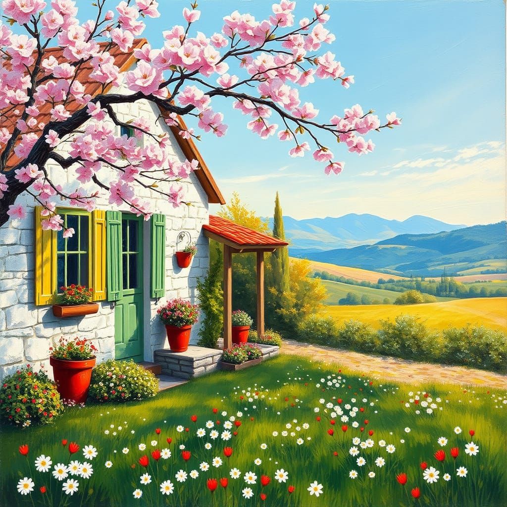 Whimsical White Cottage Amidst Cherry Blossoms in Impression...
