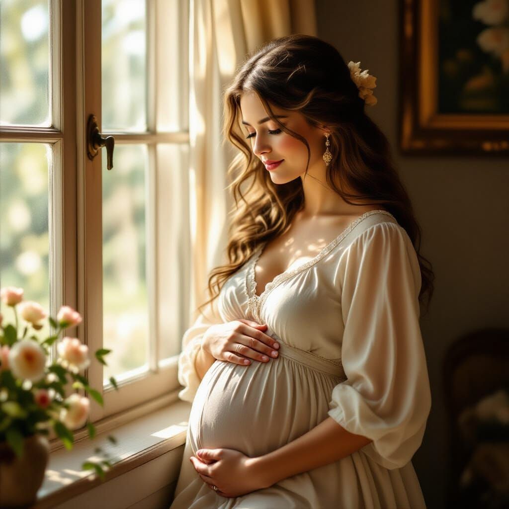 Pregnant Woman in Soft Light, Pre-Raphaelite Style