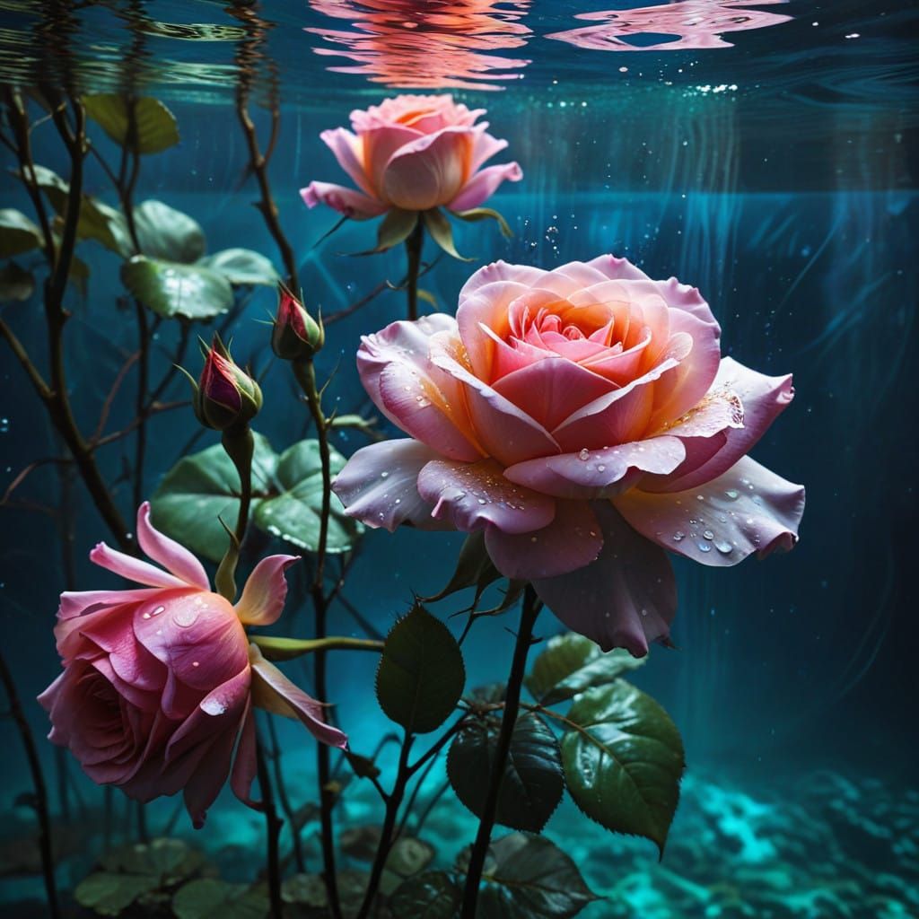Exotic Rose Blooms in Shimmering Underwater Reflections