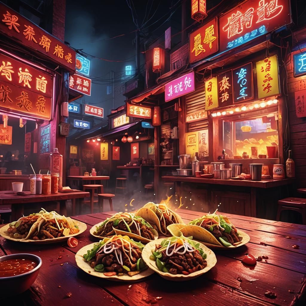 Spicy Chinese Tacos in Neon Oriental Alley