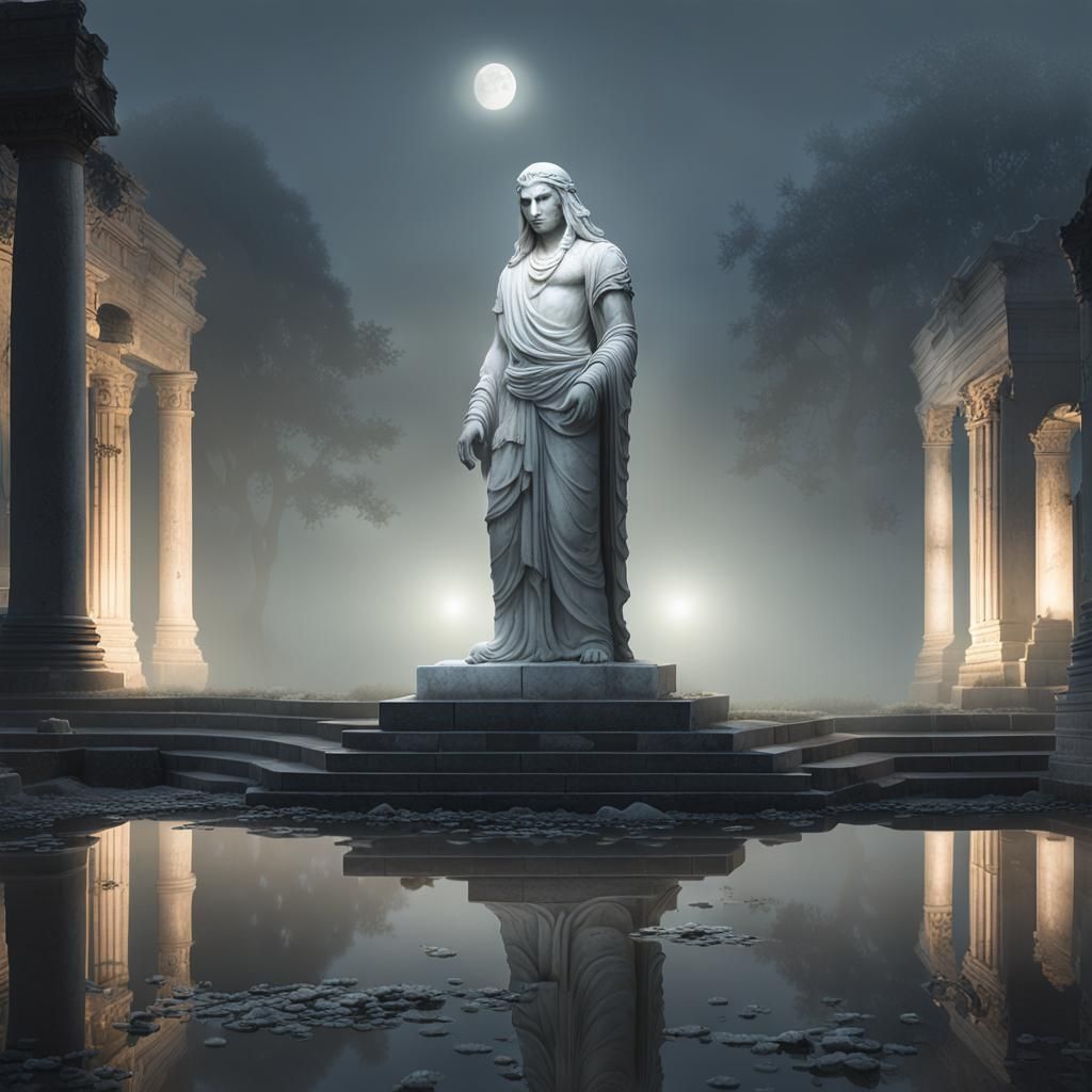 Statue in Ruined Temple Amidst Night Fog