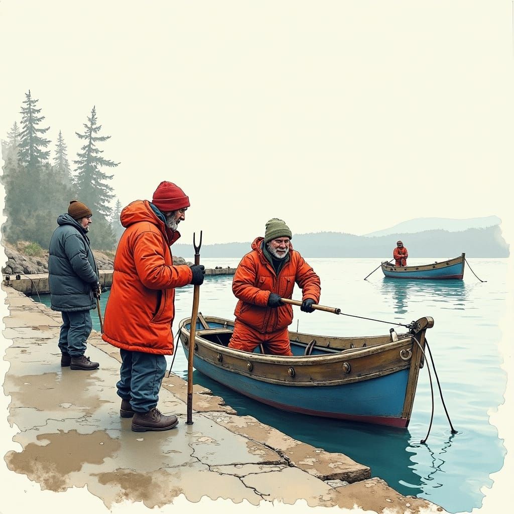 Labrador Sea Town: Watercolor and Ink Fishing Dories