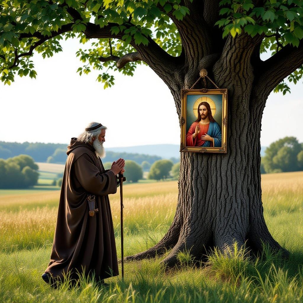Old Saint Prays at Sacred Tree with Jesus Picture