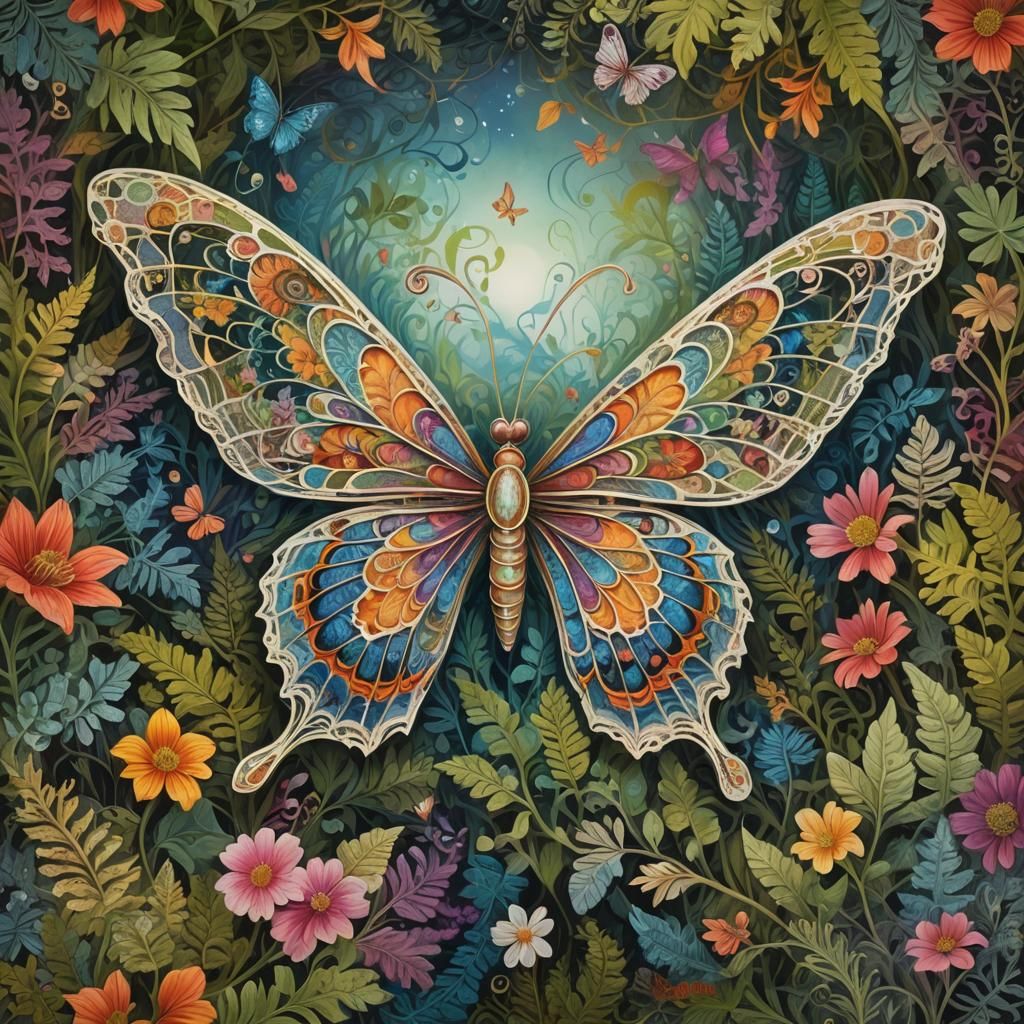 Surreal Butterfly Dances Amidst Vibrant Floral Fantasy