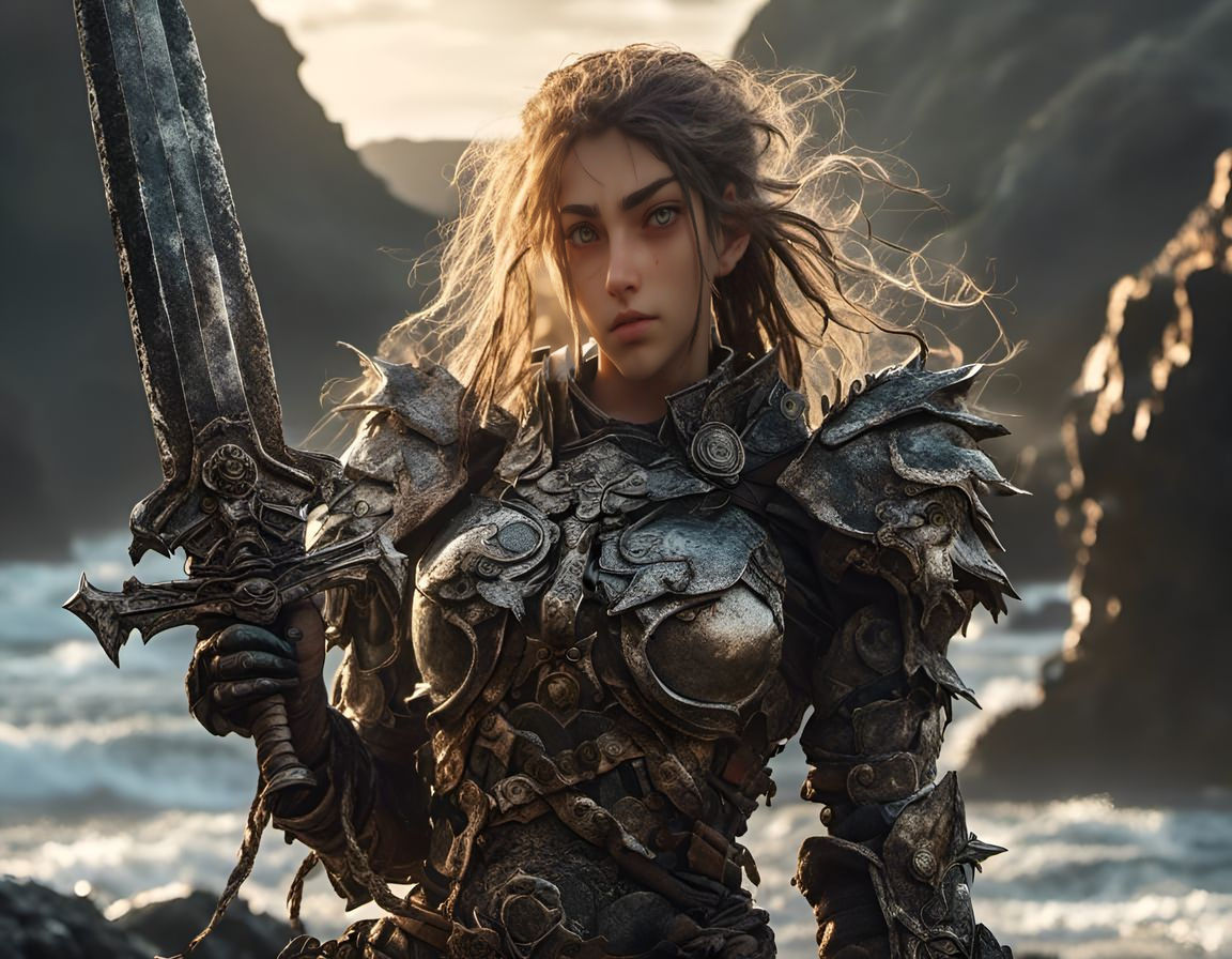 Furious Armored Girl with Sword in Hyperreal Anime Style