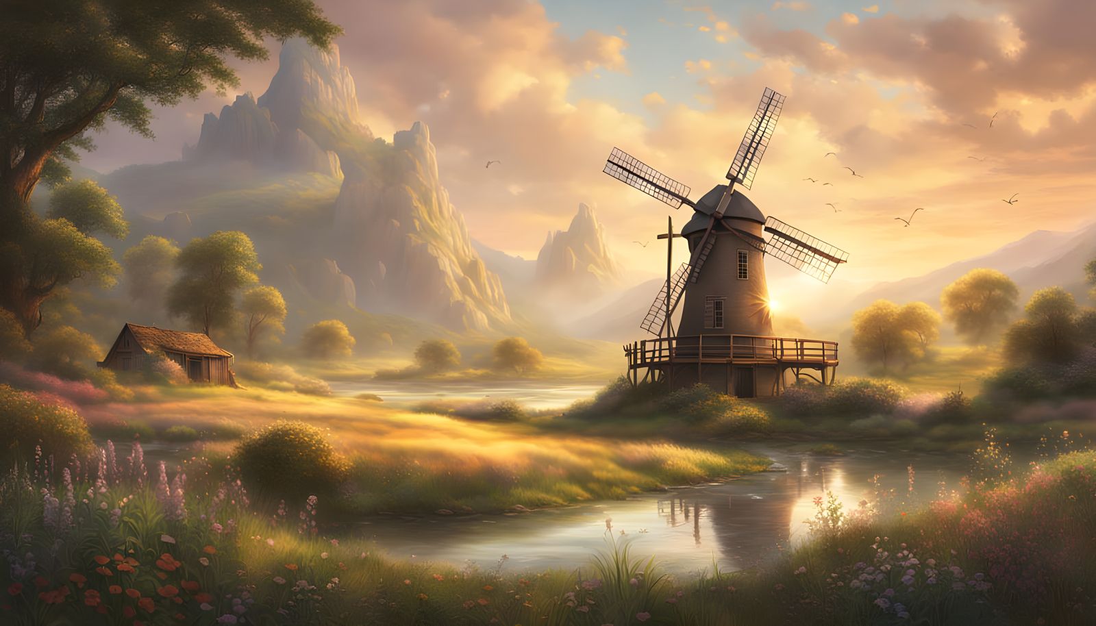 Surreal Windmill in Golden Hour, Ethereal Fantasy Scene