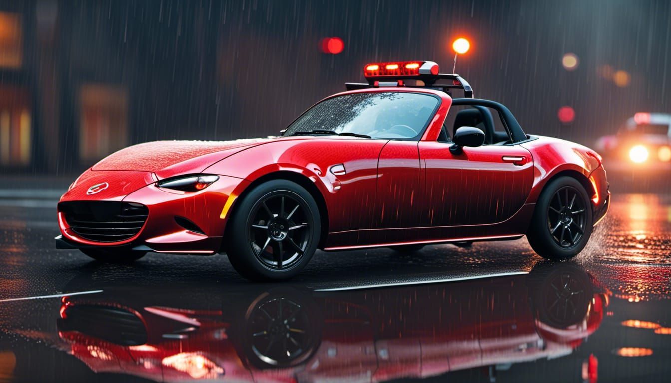 Emergency Mazda Miata in Rain, Photorealistic 4K