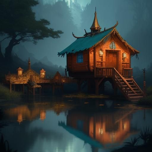 Baba Yaga's Hut Sinking into a Pond, Dragon Above