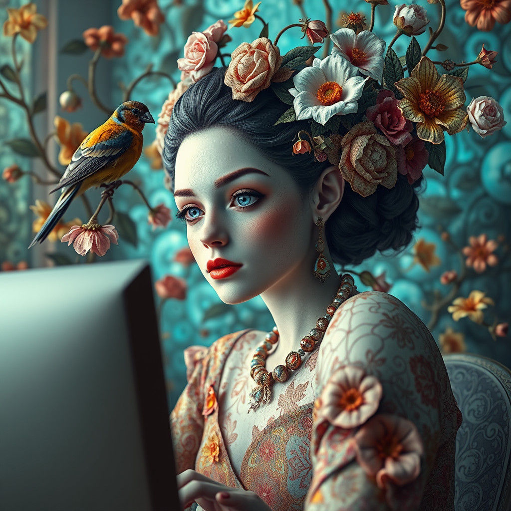 Dreamlike Woman at Computer, Art Nouveau Style