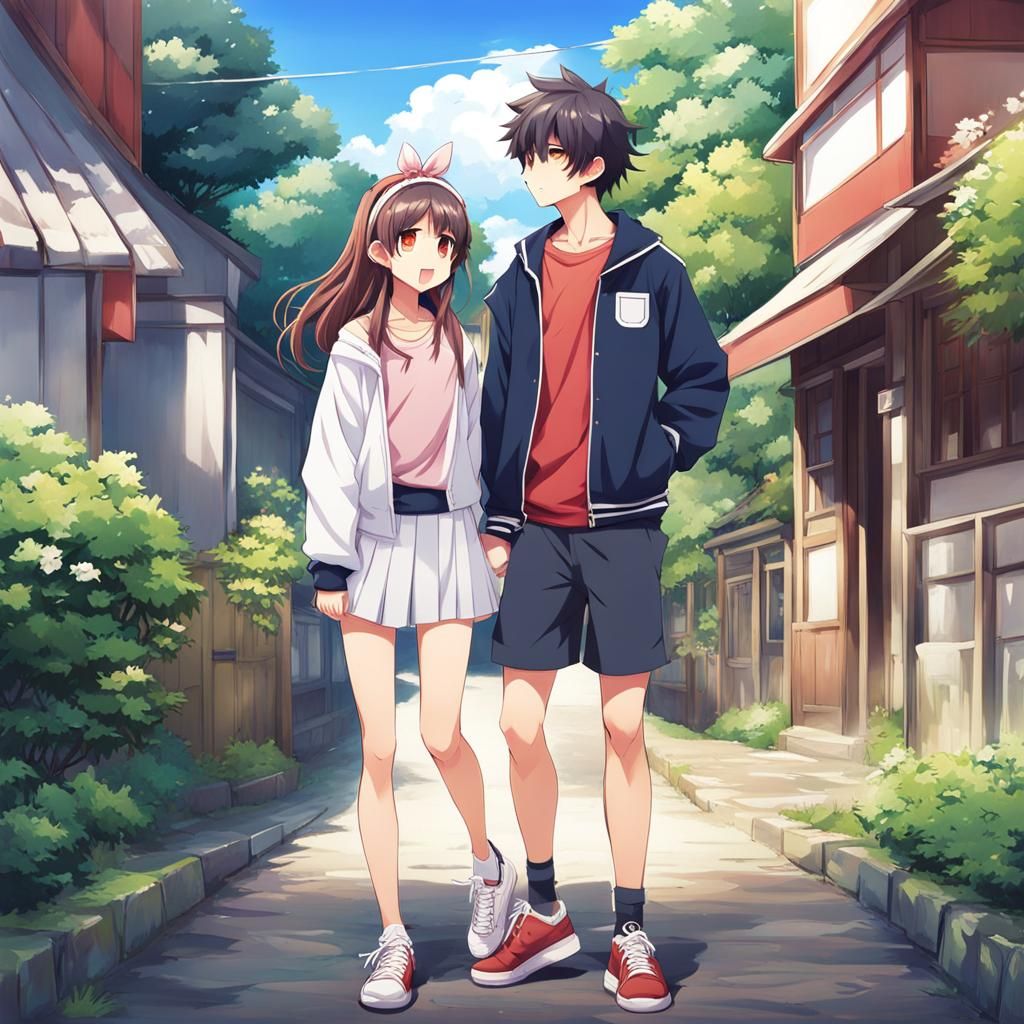 Cute Anime Teen Couple in Japanese Manga Style