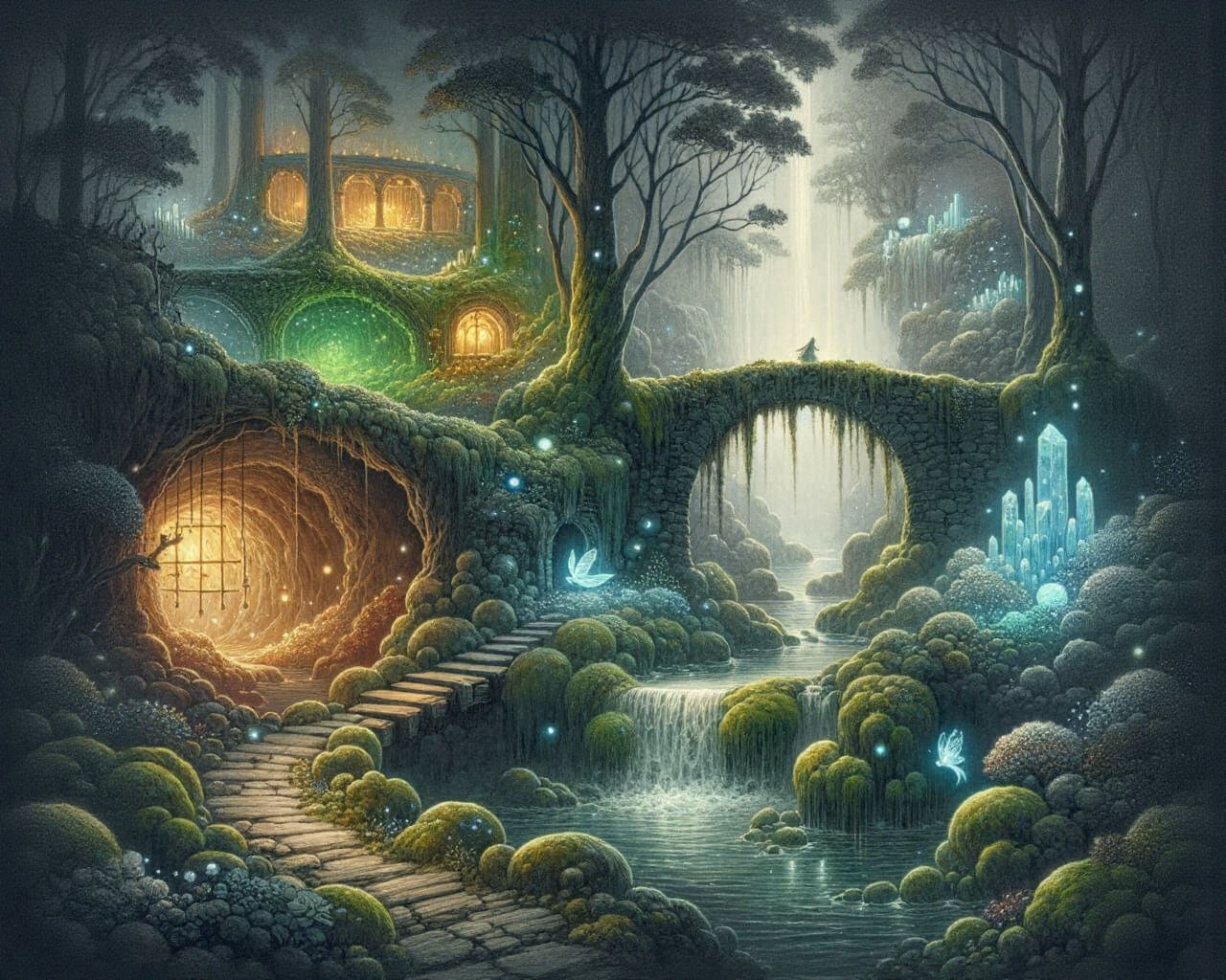 Mystical Bridge in Twilight Forest with Bioluminescent Moss