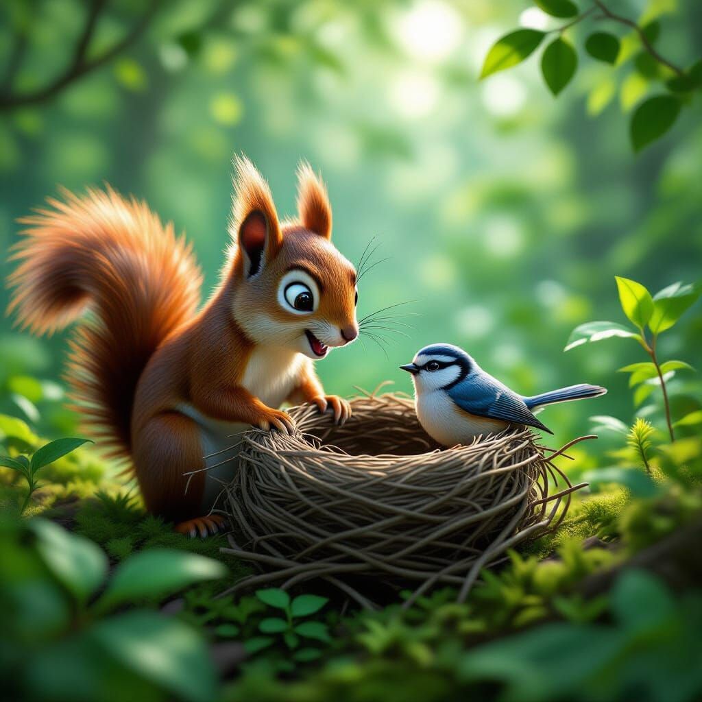 Mischievous Squirrel in Lush Forest: Pixar-Style 3D CGI