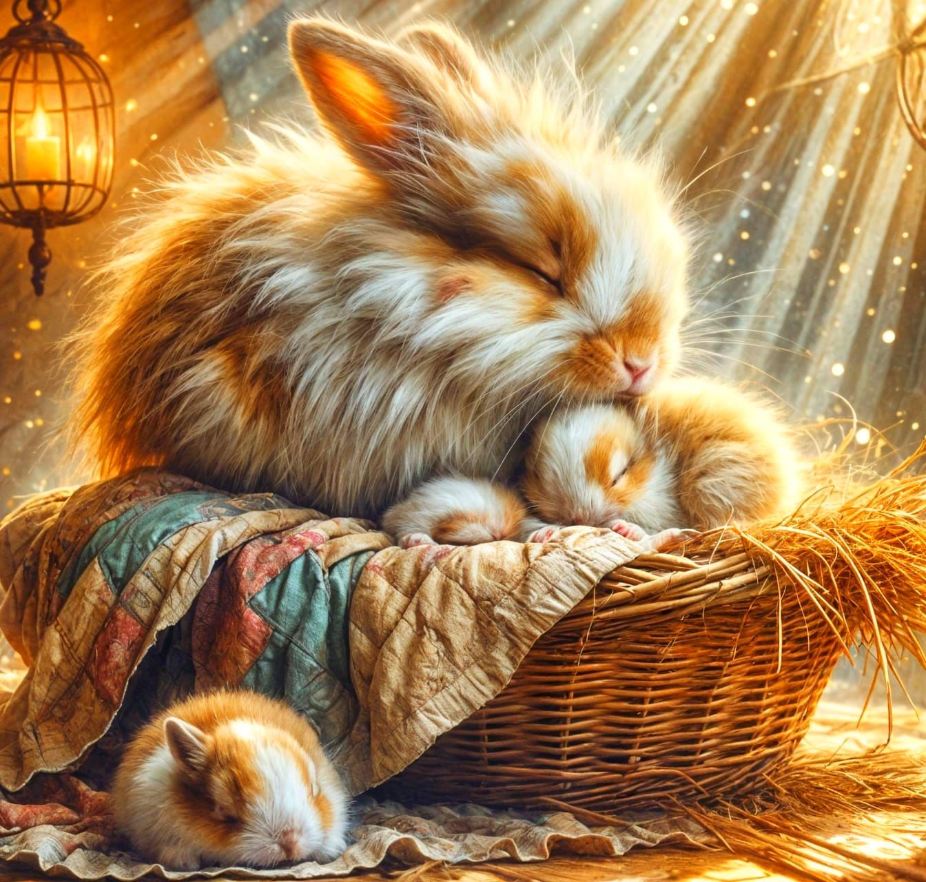 Tender Mother Rabbit Tends Sleeping Babies in Dappled Sunlig...