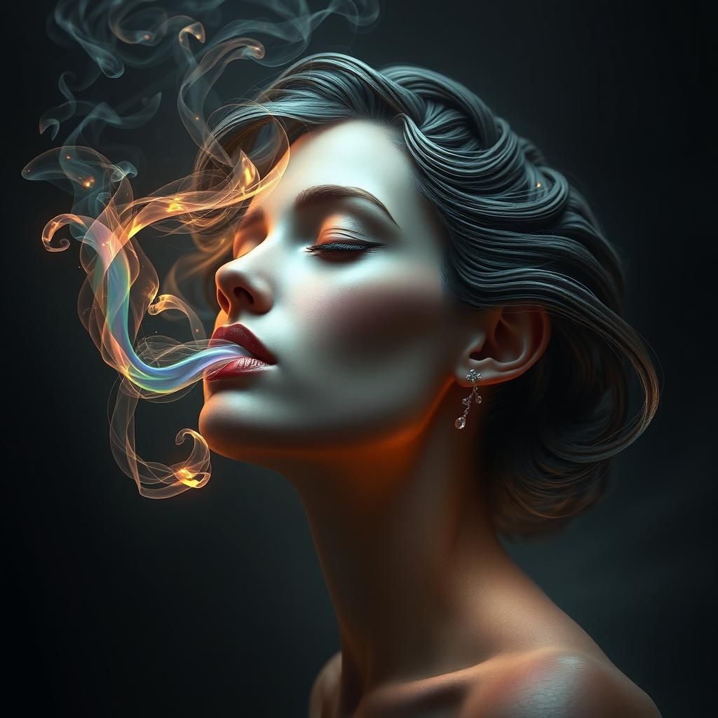 Majestic Woman Emanating Iridescent Smoke, Art Nouveau Style