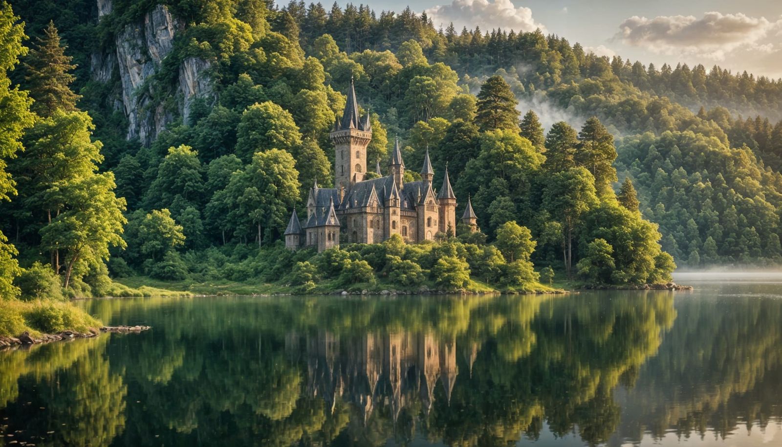 Elven Castle on Lake Island in Forest Landscape