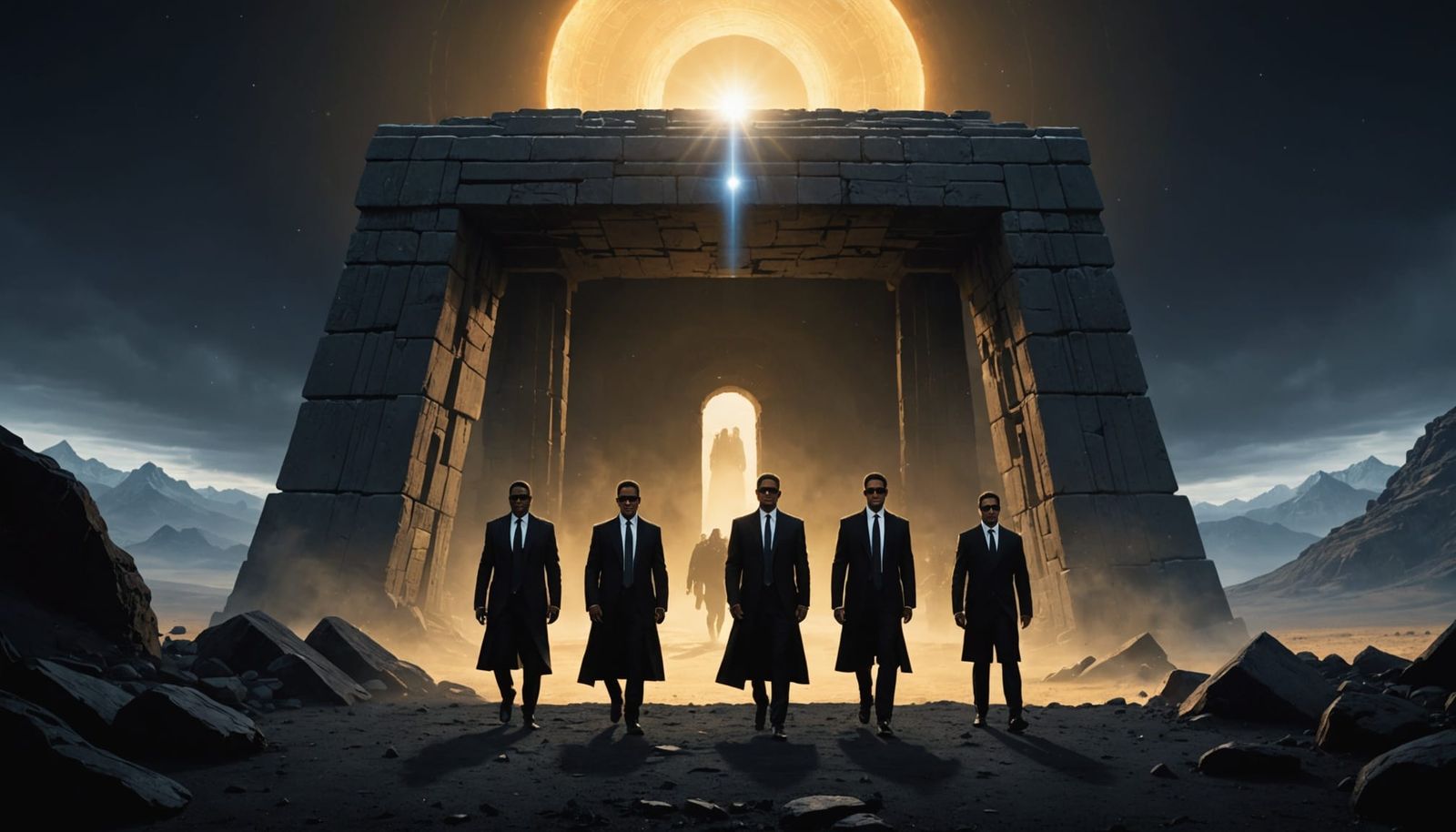Men in Black in Ancient Tomb with Radiant Portal
