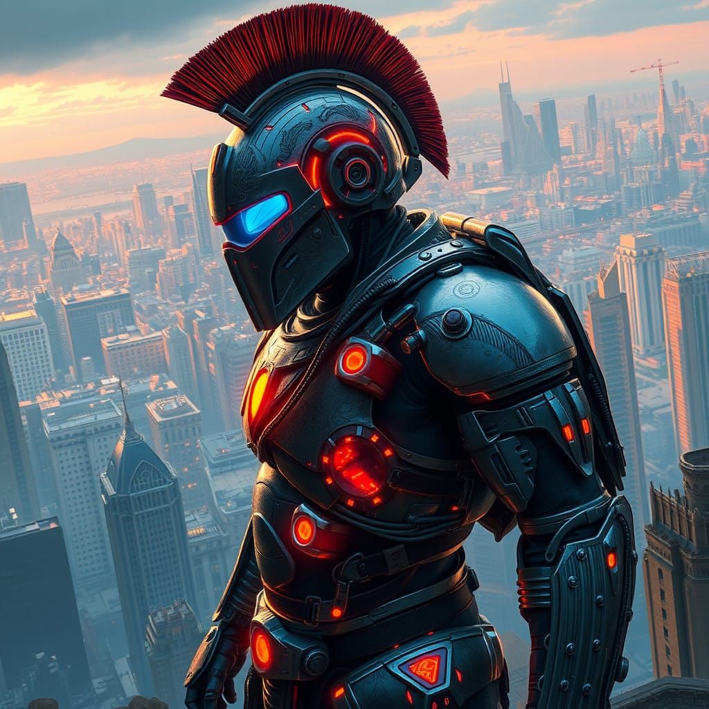 Cyberpunk Spartan Warrior in Dystopian Metropolis