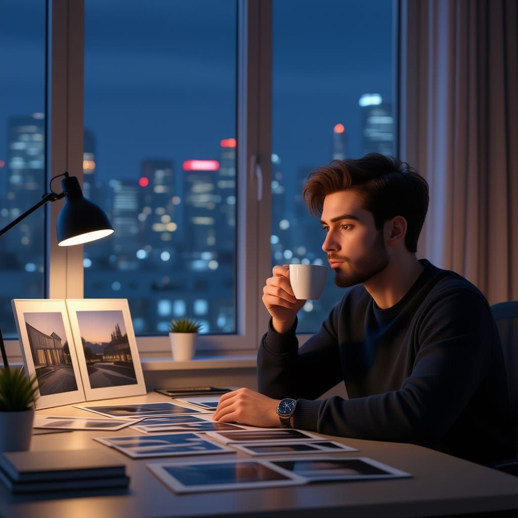 Young Man in Modern Apartment with City Lights