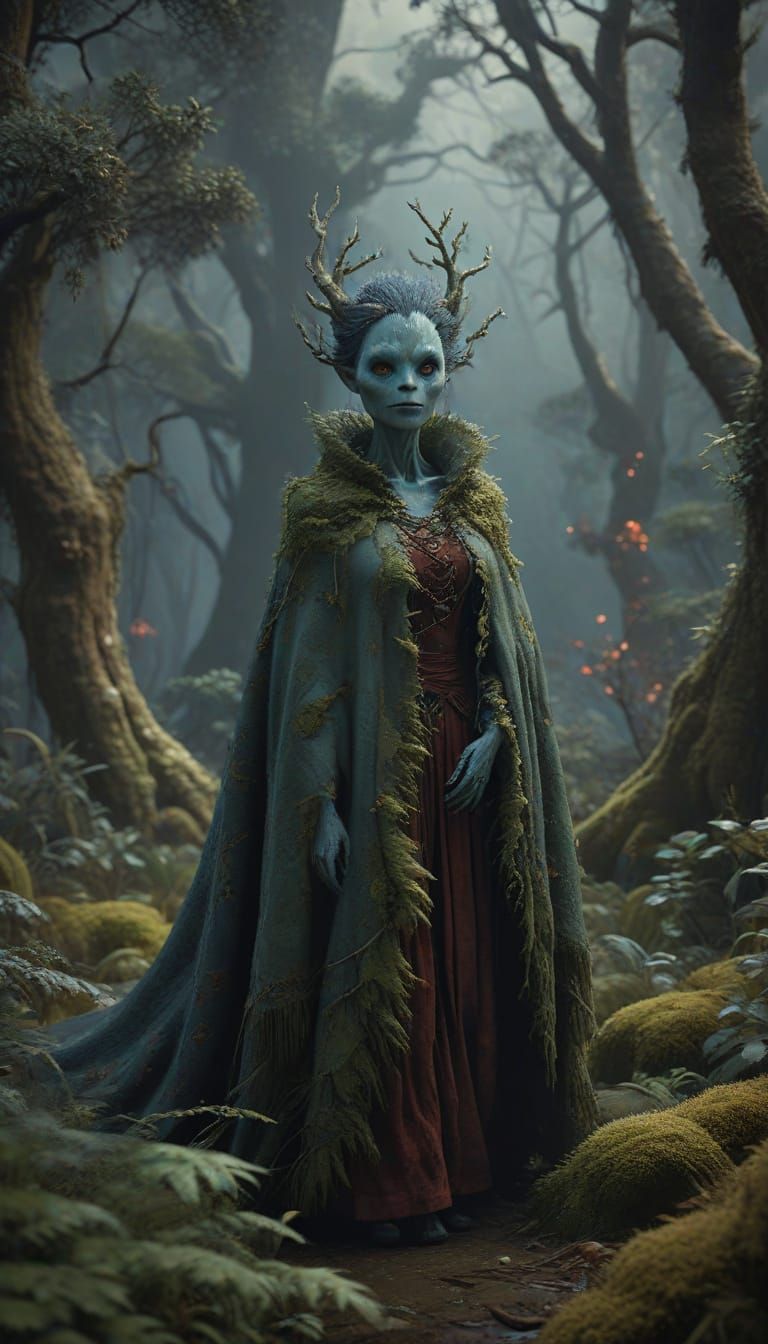 Photorealistic Australian Tonalism Enchanted Forest Background, Lichen Shawl and Cape, Lady Slenderwoman Werewolf Pucca ...