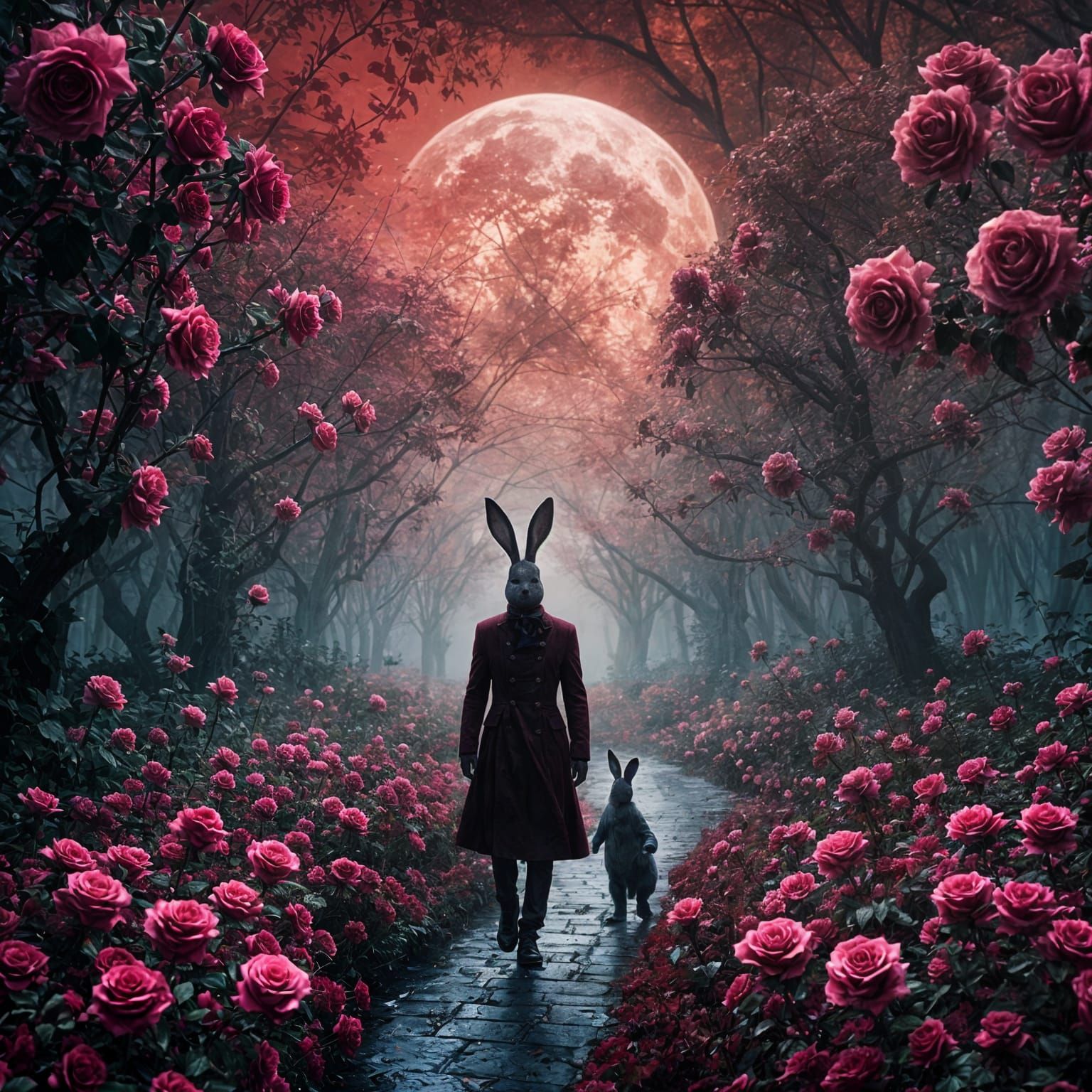 Eerie Bunny Man in Rose Garden