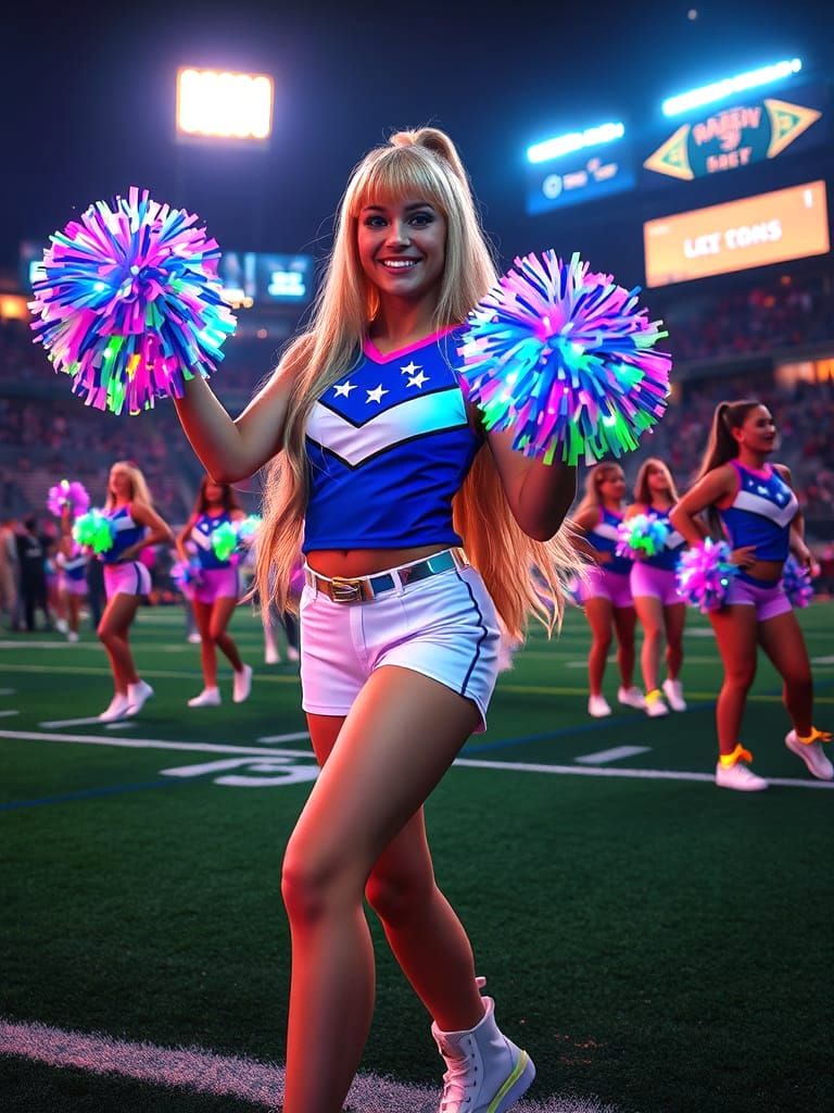 Pom-Pom Girl in Neon Football Stadium