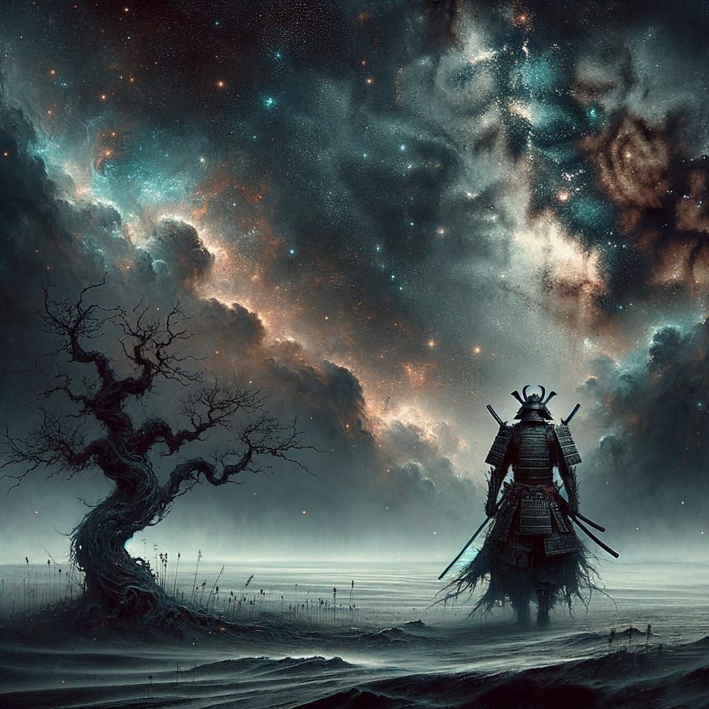 Gothic Samurai Under Nebula Sky in Ink Wash Style