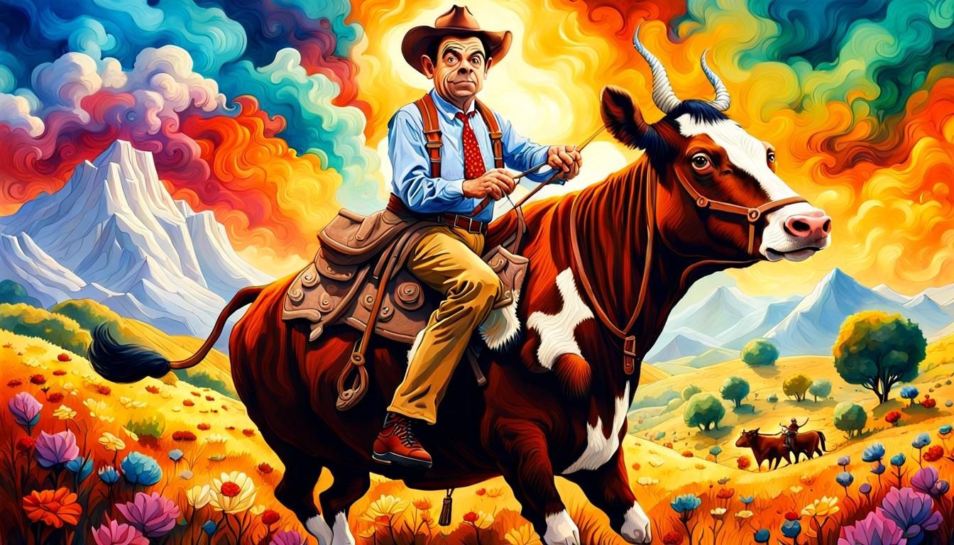Mr. Bean as Cowboy Riding Cow in Vibrant Digital Art