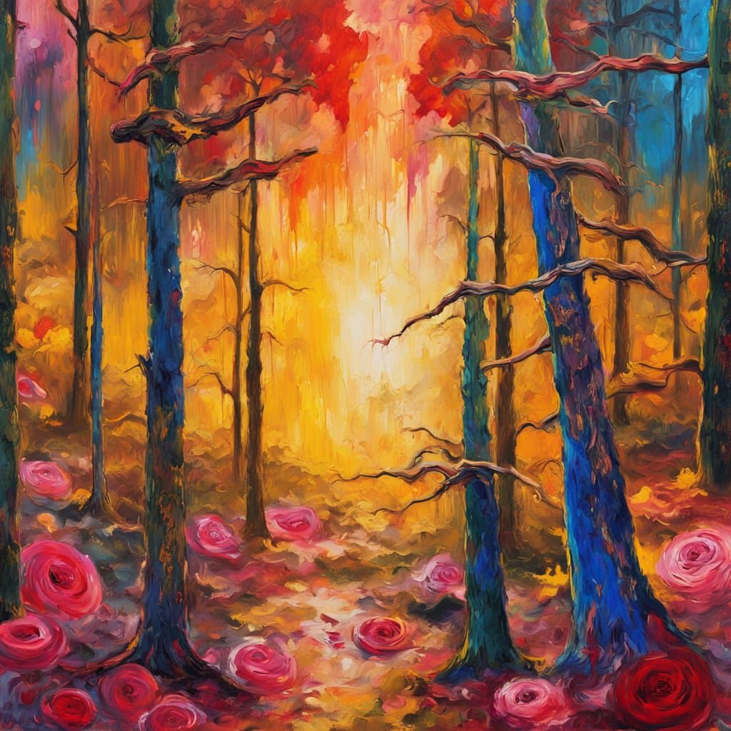 Surreal Forest Landscape in Vibrant Oil Painting