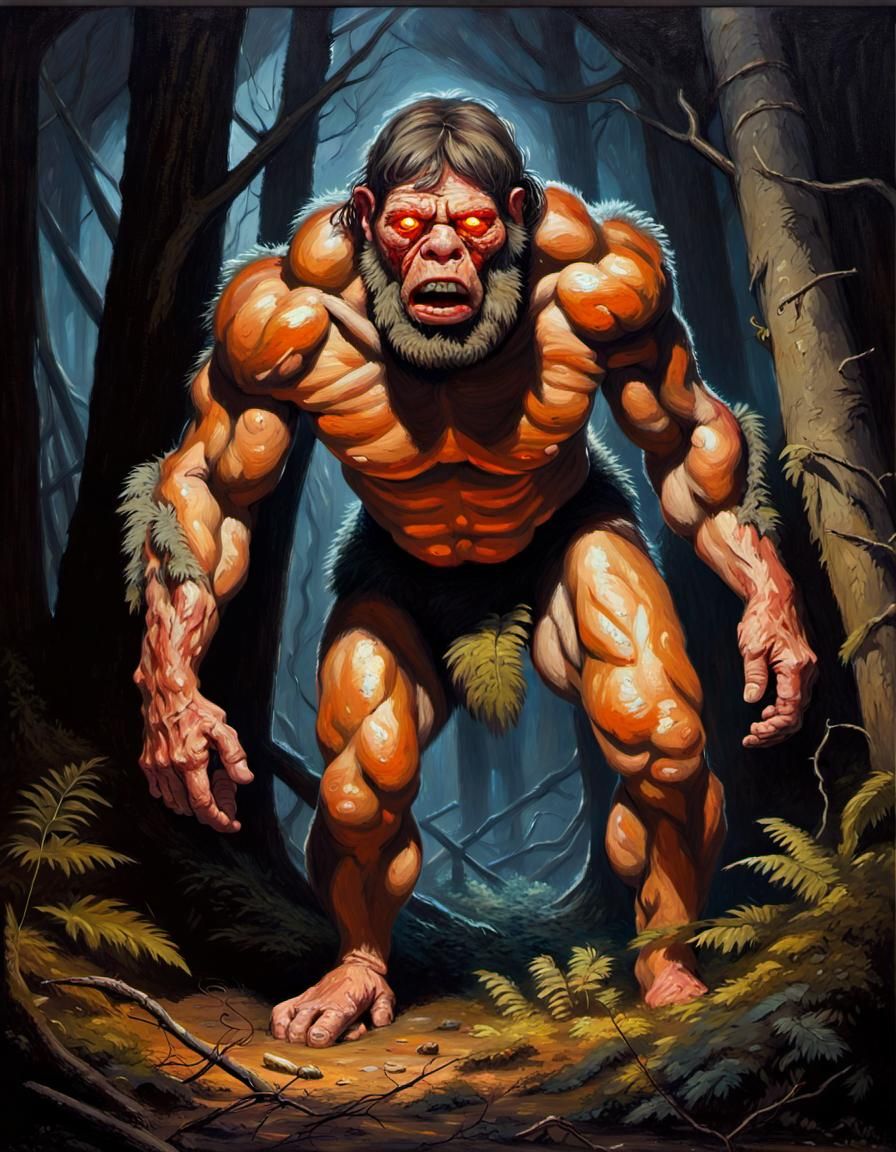 Scary Neanderthal Lurking in Dark Forest, Oil Painting