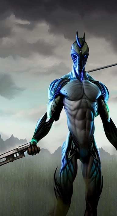 Alien Warrior with Lasers in Forest Setting