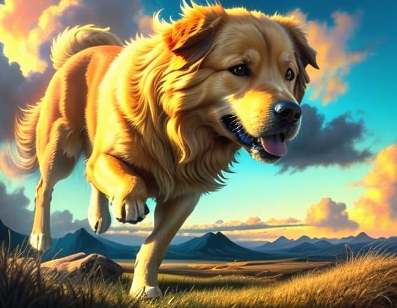 Golden Retriever Runs Through Surreal Dreamscape in Bold Oil...