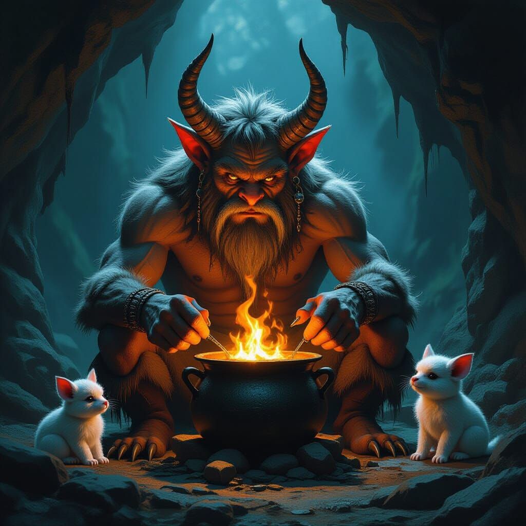 Horned Creature in Cave with Cauldron in Realistic Style
