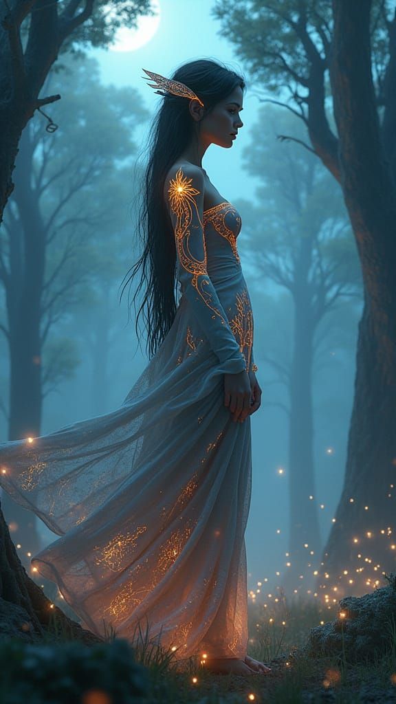 Dreamlike Spirit Woman in Moonlit Fantasy Landscape
