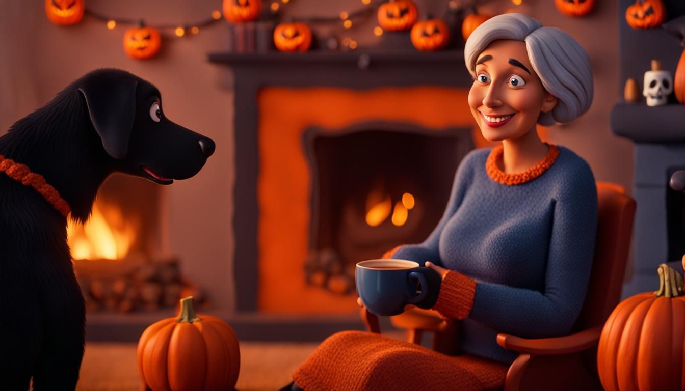 Cozy Halloween Claymation Scene with Woman and Dog