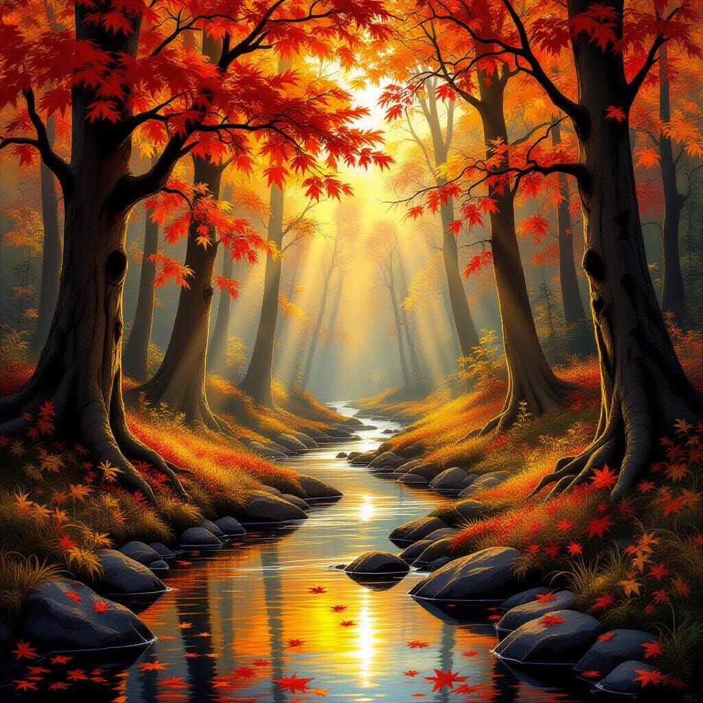 Magical Forest with Fiery Maple Trees and Golden Light