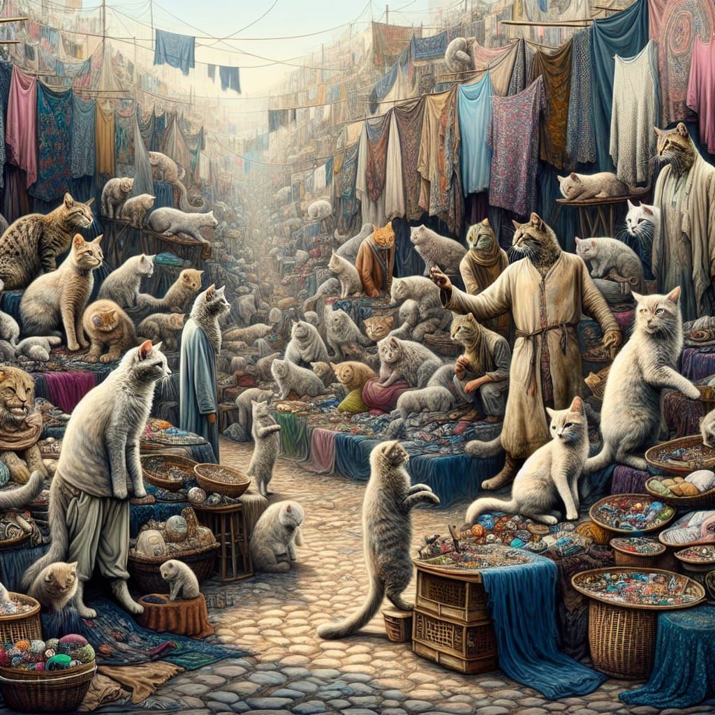 Cats Haggling in a Cluttered Marketplace Scene
