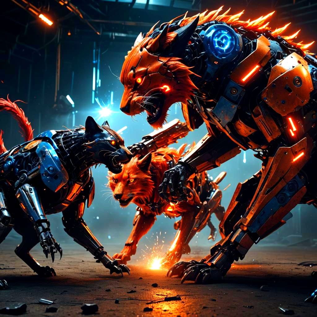 Robotic Lion vs Fox: Intense Fight Scene