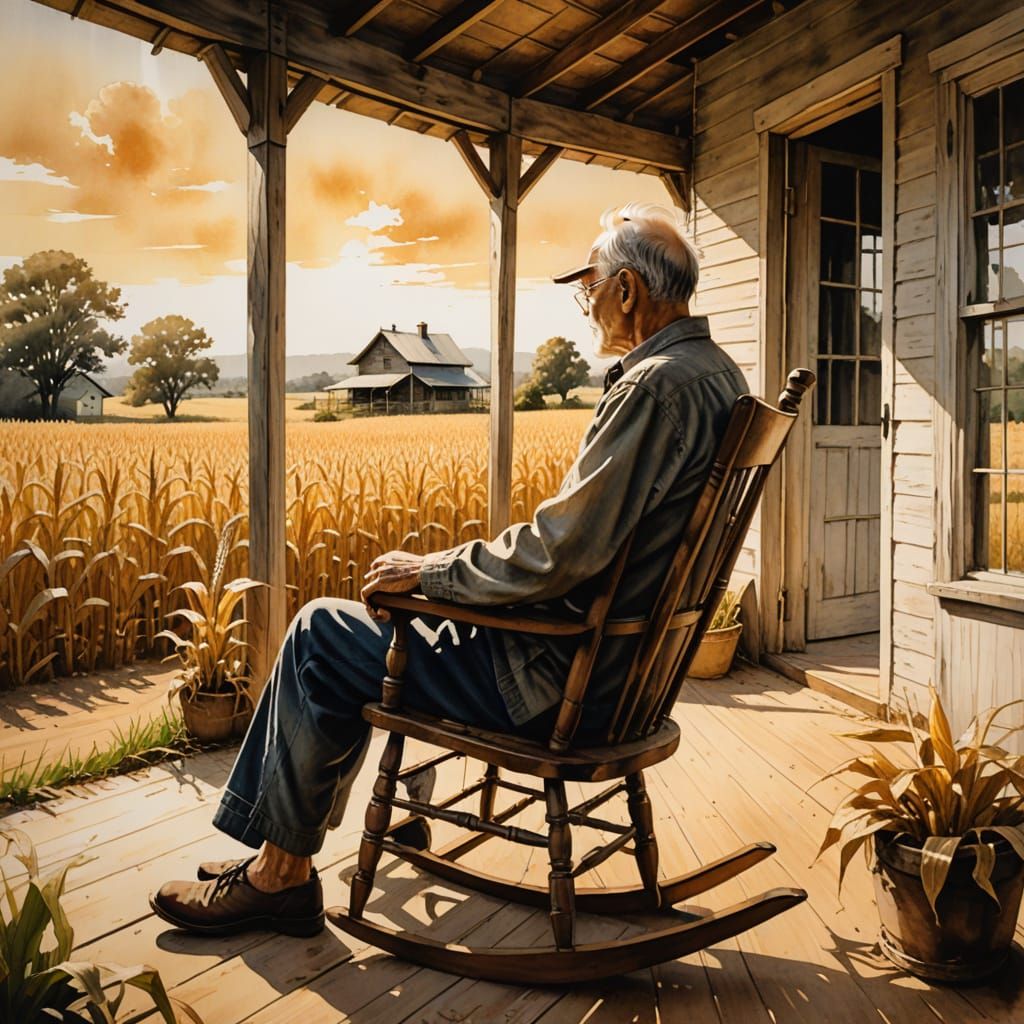 Ink Painting of Old Man on Porch