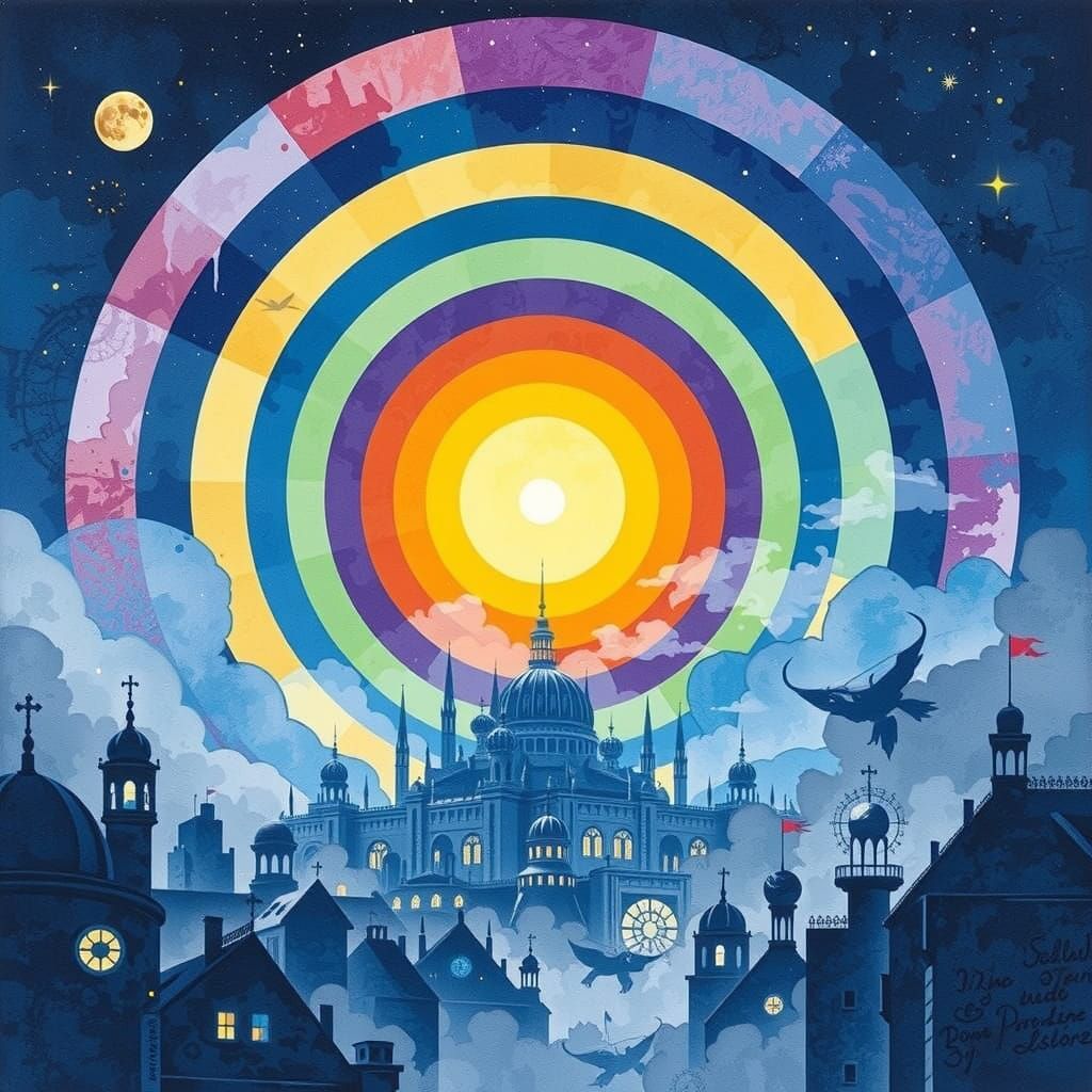 Surreal Concentric Circles Dissolving into Foggy Cityscape