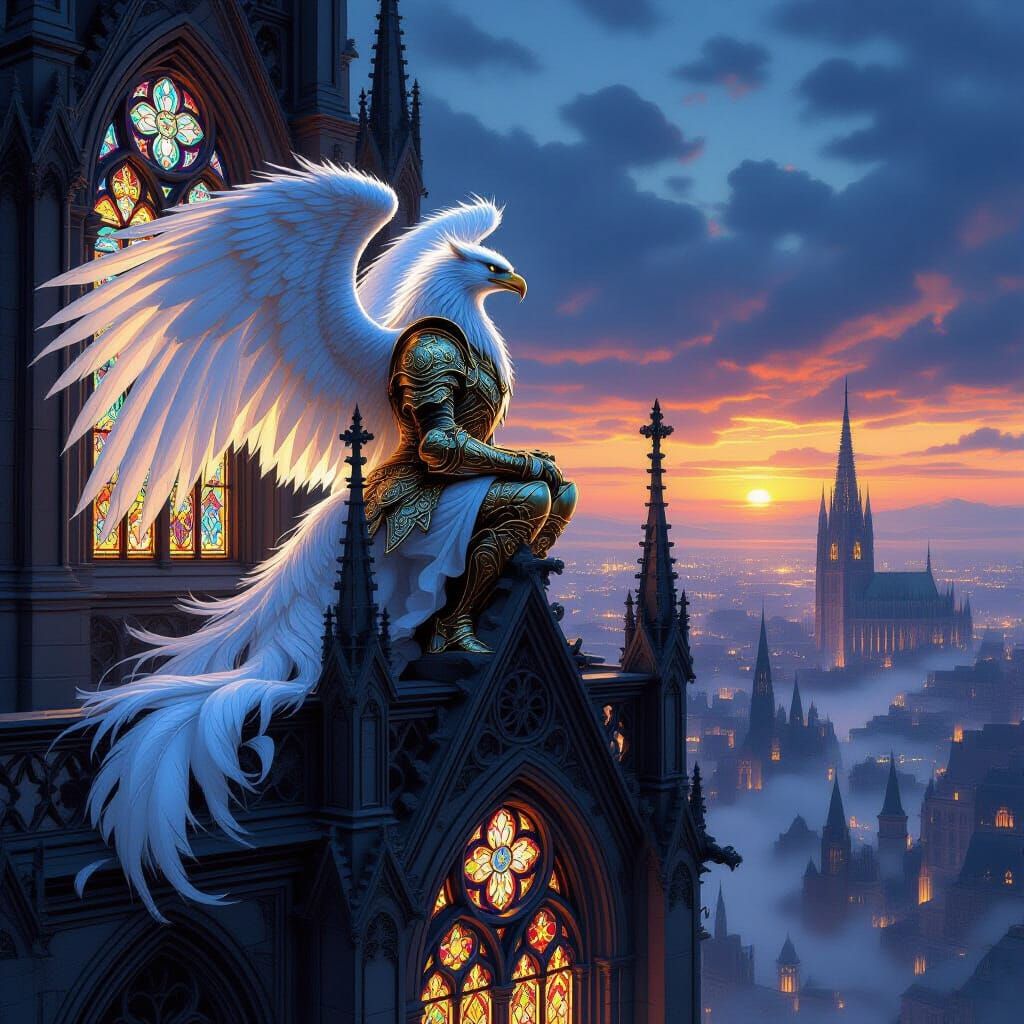Armored Griffin Perched Atop Gothic Cathedral