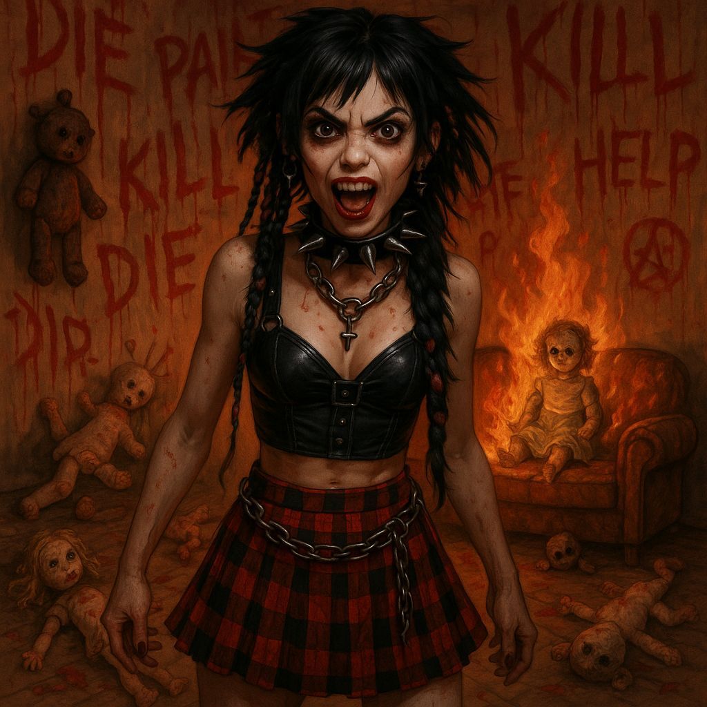 Gothic Woman in Chaotic Room: Surreal Image