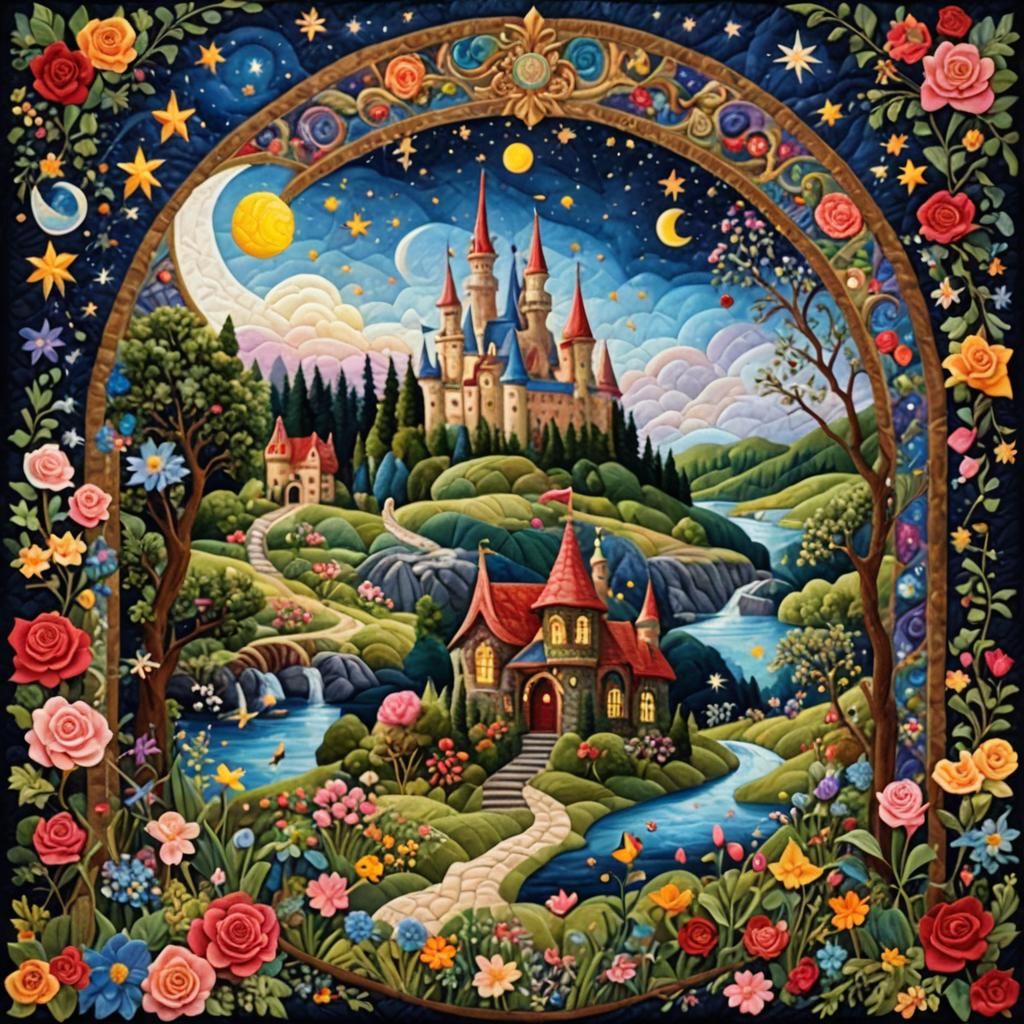 Fairytale Quilt: Whimsical Patchwork Scene in Miniature